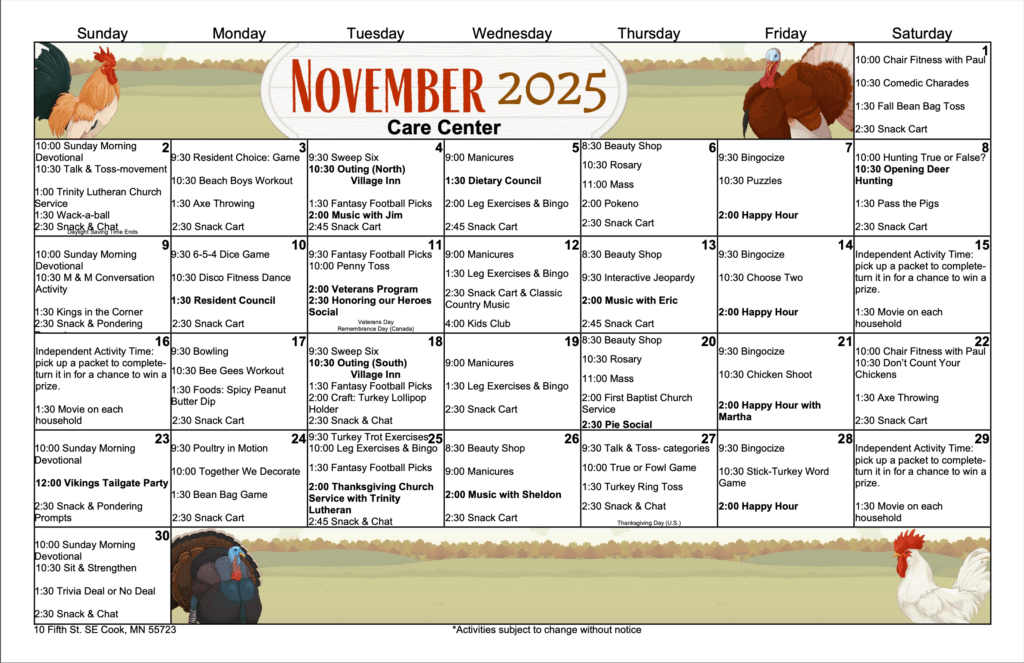 A calendar of the November events at the Cook Care Center