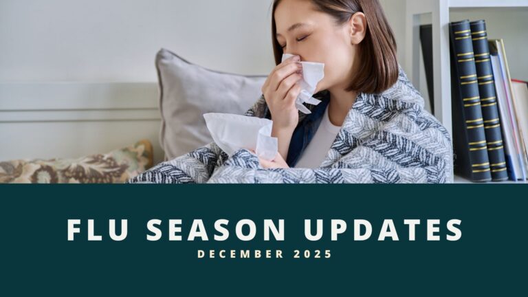 An image of a woman blowing her nose with the text Flu Season Updates December 2025