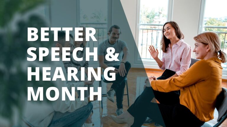 a photo of a group of people who are talking and having a great conversation. Text overlay reads: Better Speech & Hearing Month